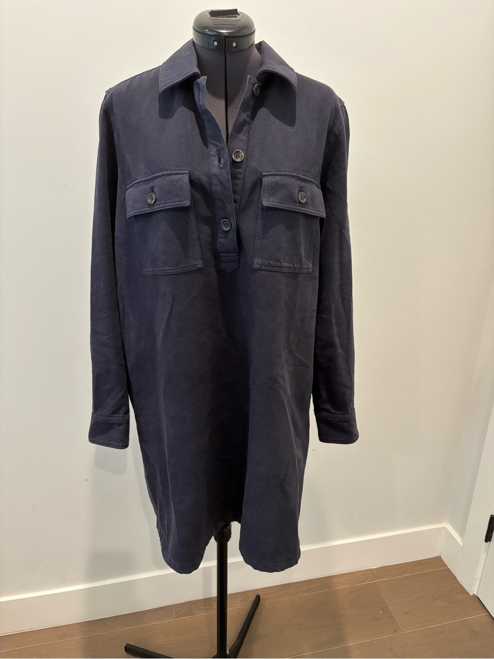 A.P.C. Navy Utility Shirt Dress with Chest Flap Pockets